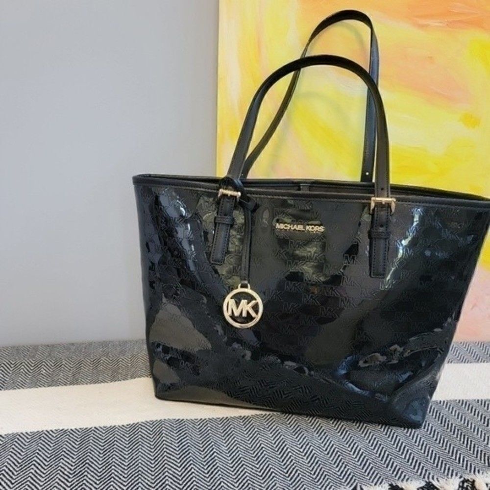 Michael KORS Jet Set Travel Carryall Tote Black Patent Leather MK - Picture 2 of 14